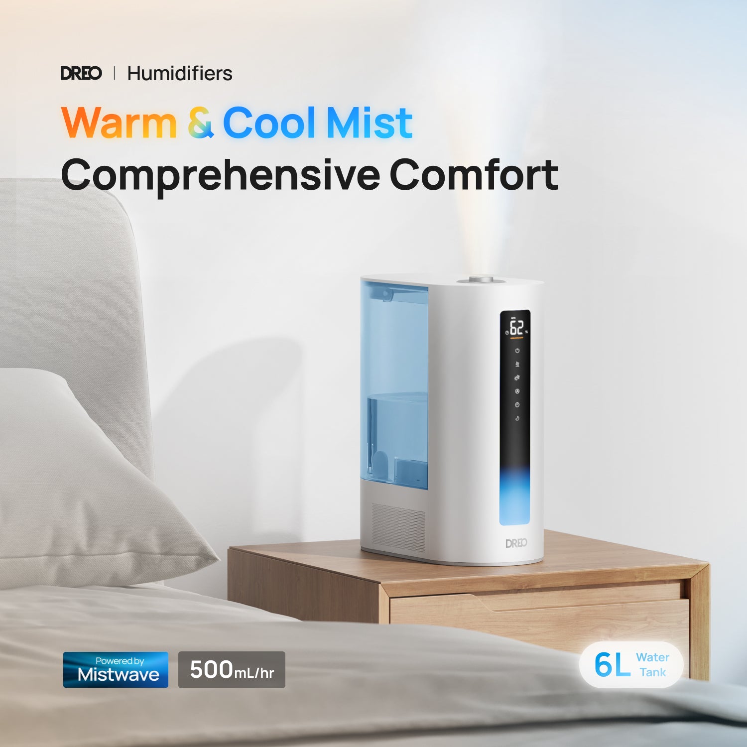 Dreo Humidifier, 6L Top-Fill Humidifiers, LED Display With Humidistat, Quiet Sleep Mode, Timer, Auto Mode，DR-HHM003